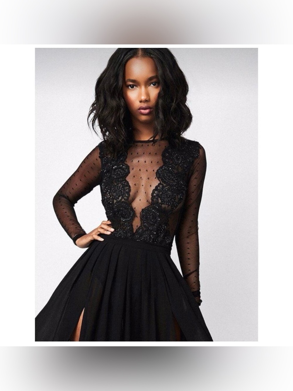 Lurelly Black Lace Beaded Bodysuit Women's Size 4 Embroidered Sheer Illusion